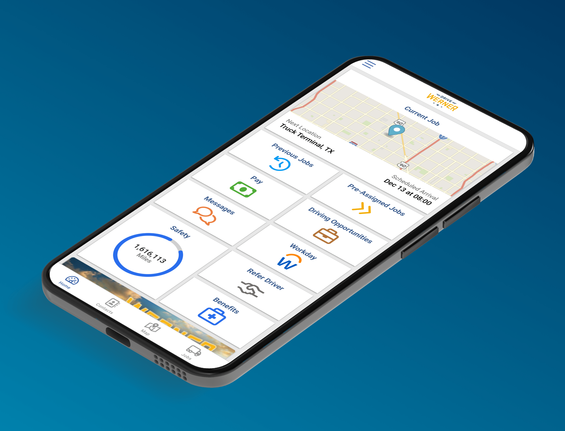 Drive Werner Pro app screens showing messaging and paperwork submission